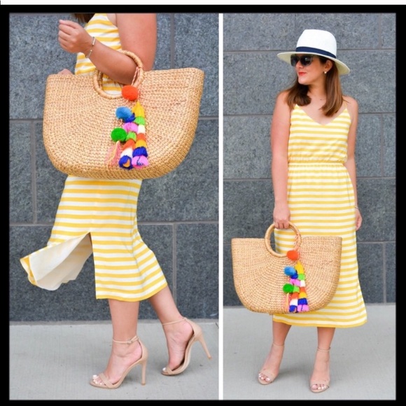 J. Crew Carrie Yellow White Stripe Silk MIDI Sundress Summer Dress - 10 - Picture 2 of 5
